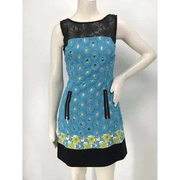 Tracy Reese Turquoise Black Colorblock Lace Sleeveless Sheath Dress 2